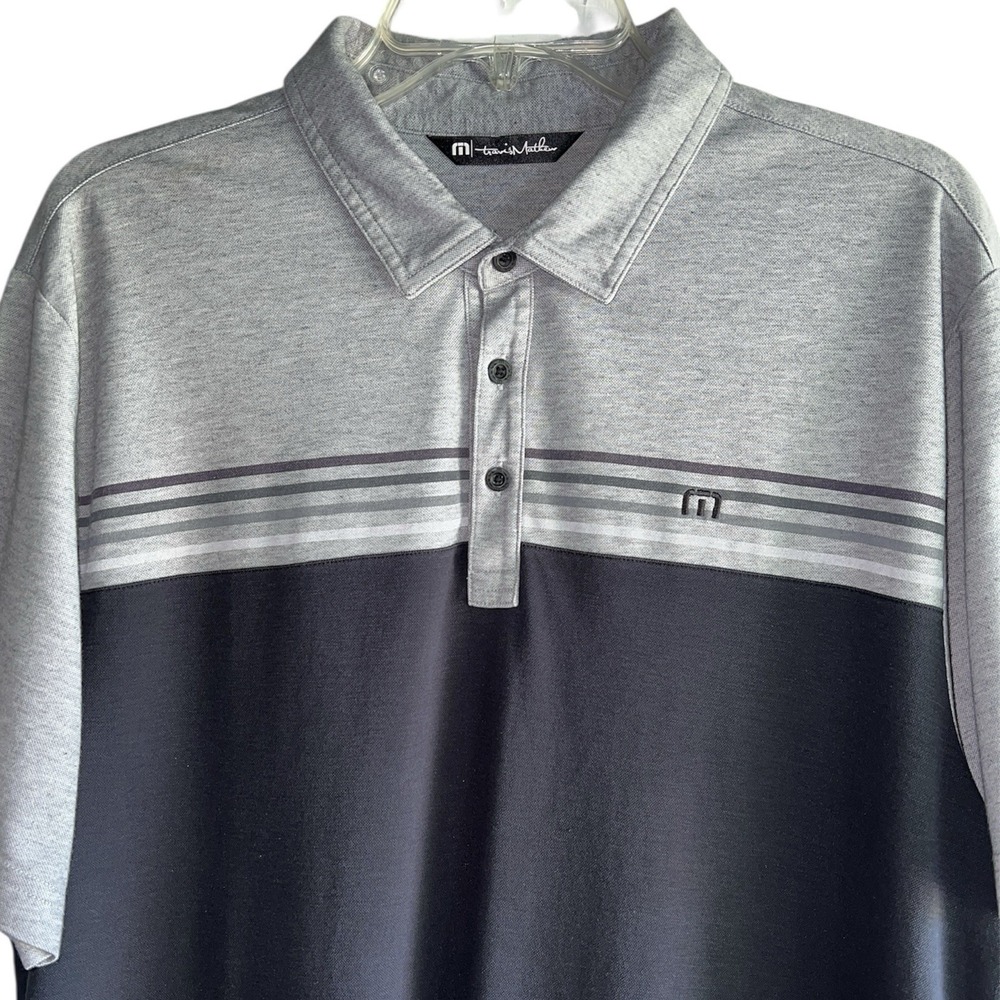 Travis Mathew Polo Shirt Mens XL Grey Navy Colorblock Striped Pima Cotton Blend